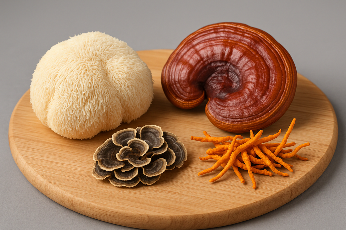 Lion's mane, reishi, turkey tail and cordyceps militaris on a round wooden board