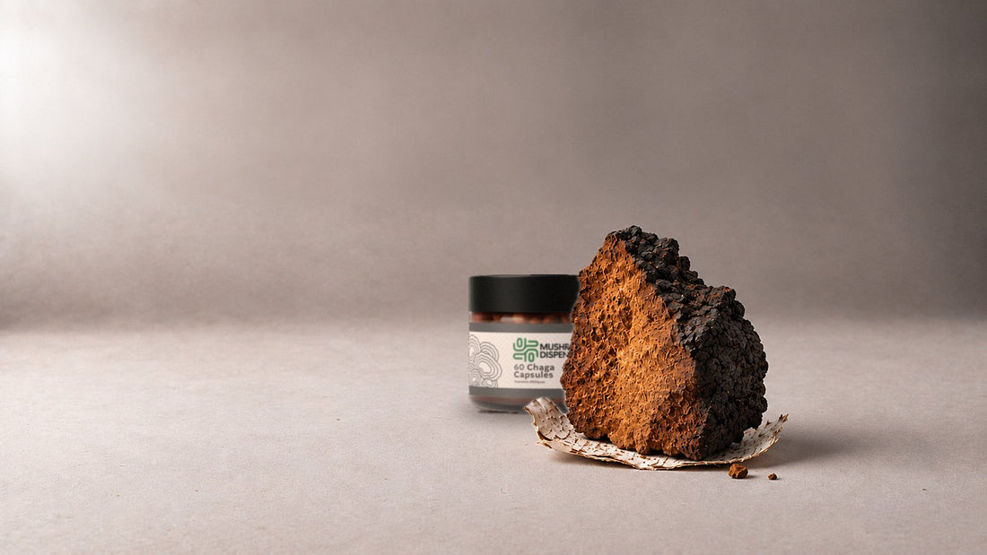 A jar of Mushroom Dispensary Chaga Capsules on a warm gray studio surface behind a large broken chunk of chaga resting on birch bark