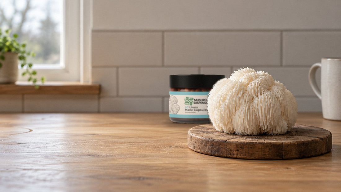A jar of Mushroom Dispensary Lion's Mane Capsules on an oak kitchen worktop behind a fresh lion's mane mushroom on a wooden board