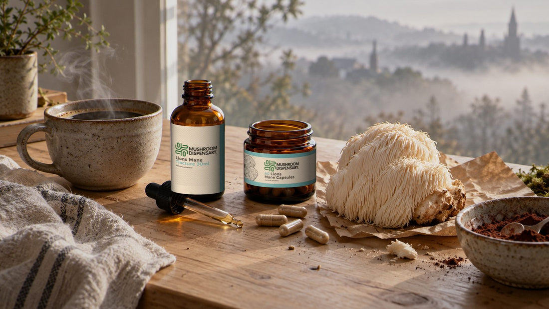 Dried lion's mane mushroom beside a Mushroom Dispensary Lion's Mane Tincture bottle and Lion's Mane Capsules jar, with coffee and cacao on an oak table