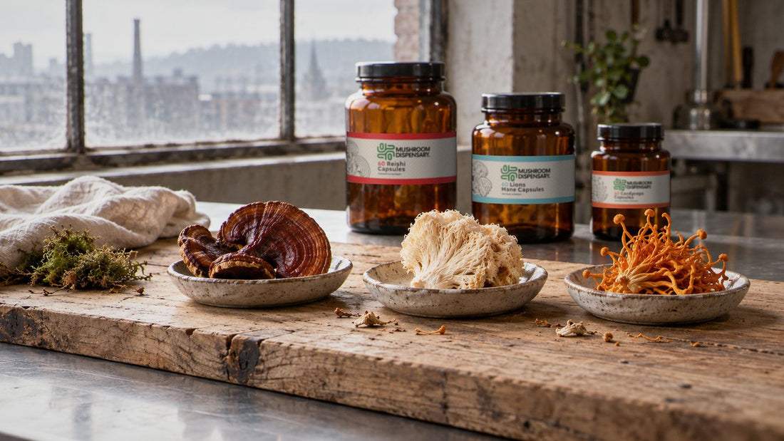 Three stoneware dishes of dried reishi, lion's mane and orange cordyceps on an oak board, with Mushroom Dispensary Reishi, Lion's Mane and Cordyceps Capsules jars