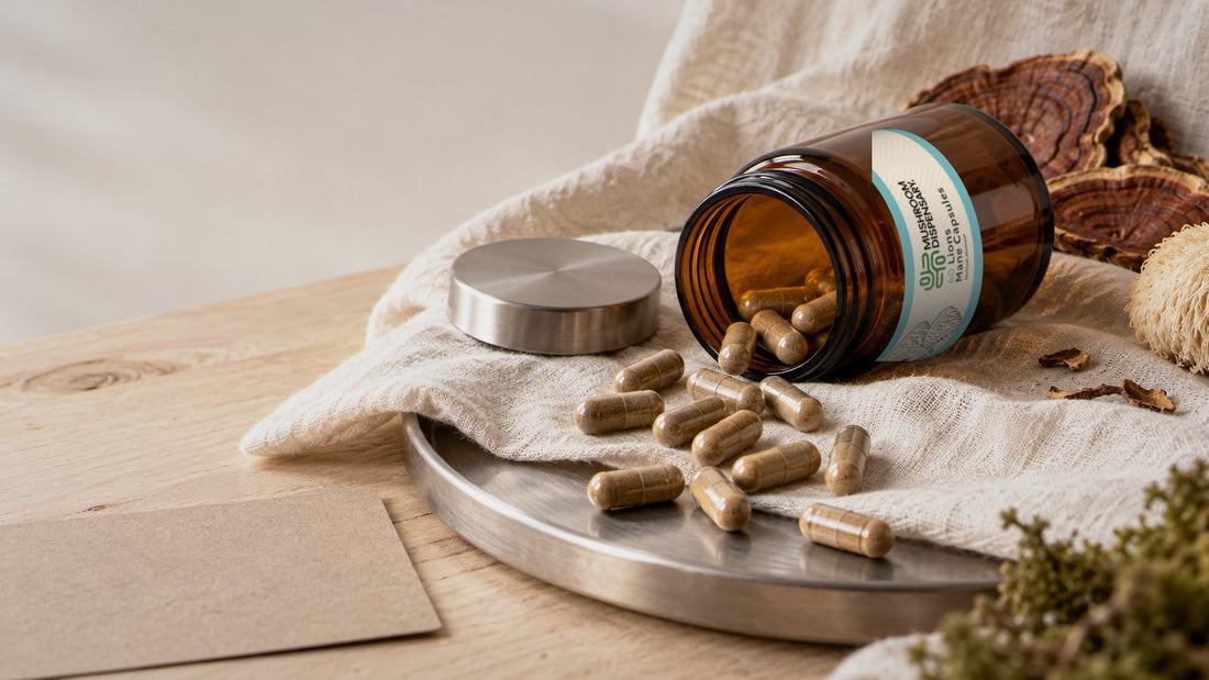 Mushroom capsules spilling from a Mushroom Dispensary Lion's Mane Capsules jar onto linen and a steel tray