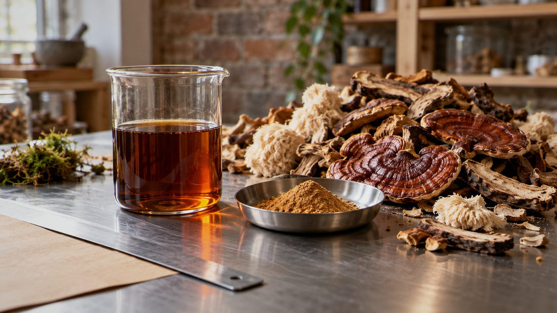Beaker of amber mushroom extract and a dish of extract powder beside a heap of dried reishi and lion's mane