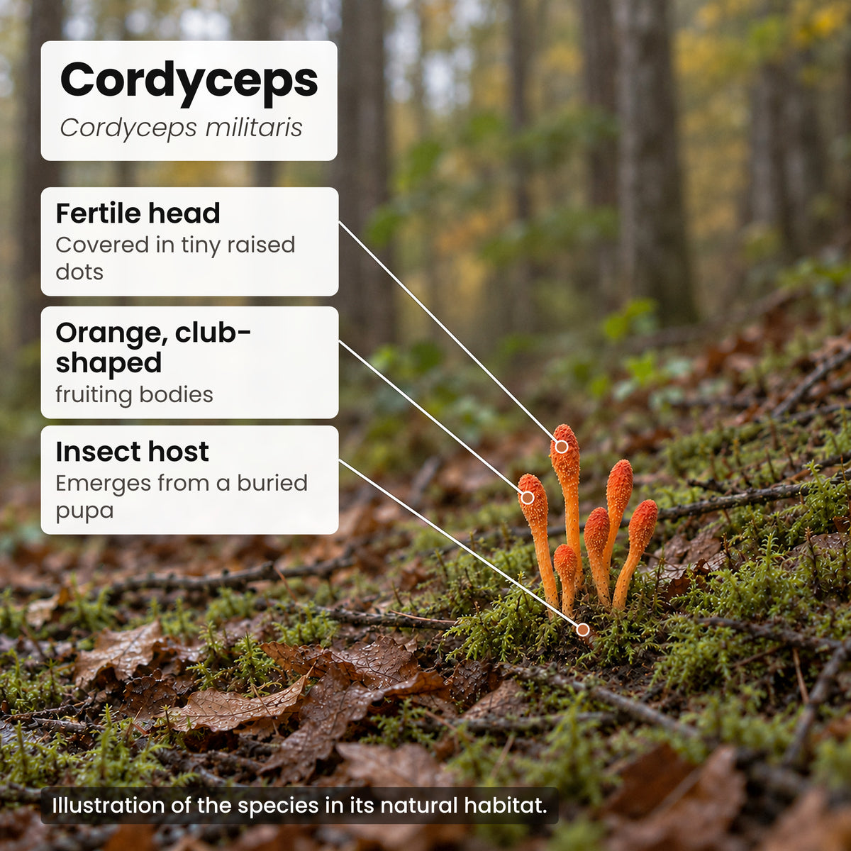 Cordyceps militaris growing from moss on a forest floor, with labels naming its parts