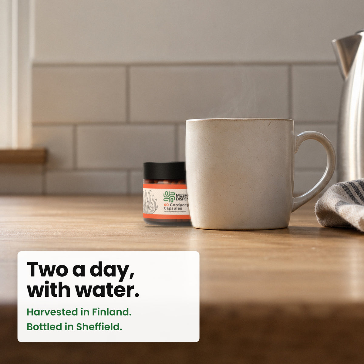 Cordyceps Capsules jar on a kitchen worktop beside a mug of tea