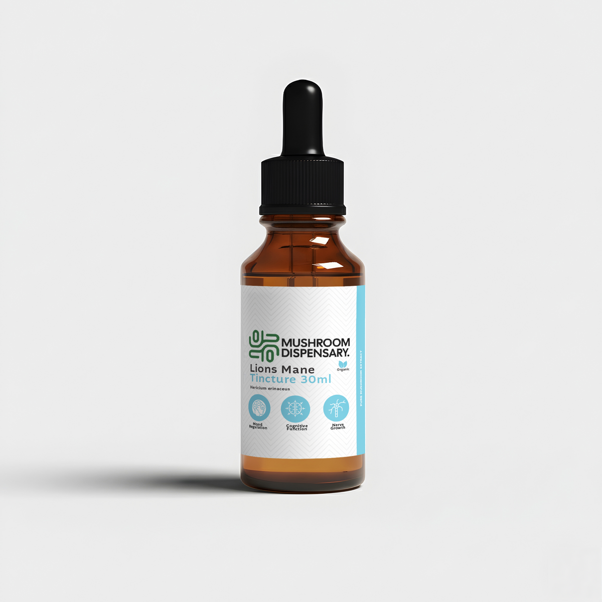 Lion's Mane Tincture 30ml amber glass dropper bottle, front label