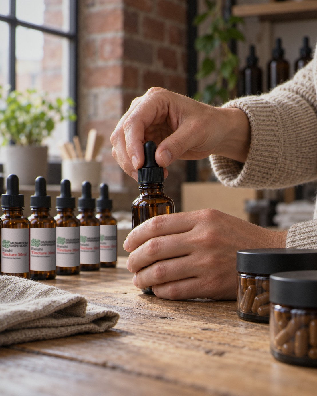 Hands capping an amber dropper bottle at an oak workbench, beside a row of Mushroom Dispensary Reishi Tincture bottles and capsule jars