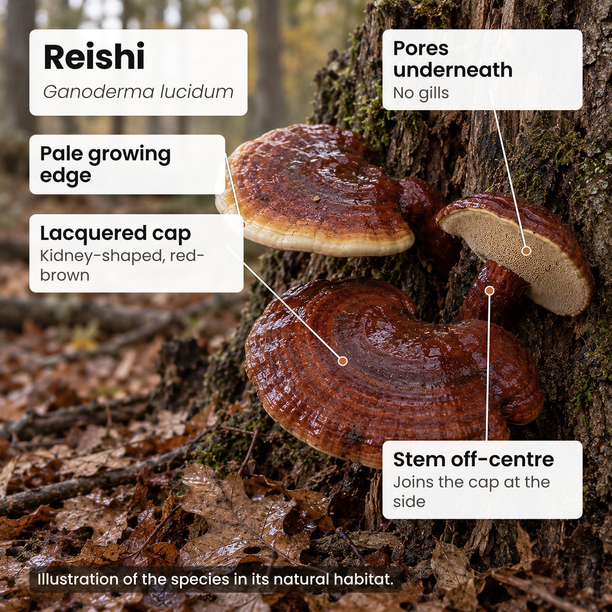 Reishi mushroom (Ganoderma lucidum) in its natural habitat, with labels naming its parts