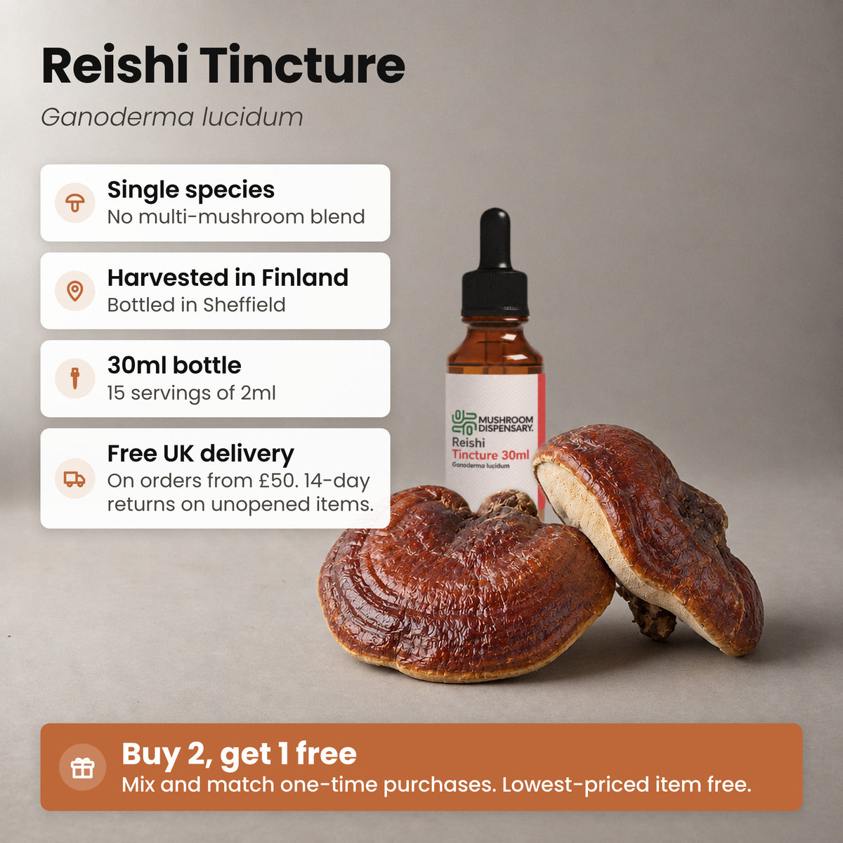 Reishi Tincture bottle beside two Reishi mushroom caps, with key facts: single species, harvested in Finland, bottled in Sheffield, 30ml bottle, 15 servings of 2ml