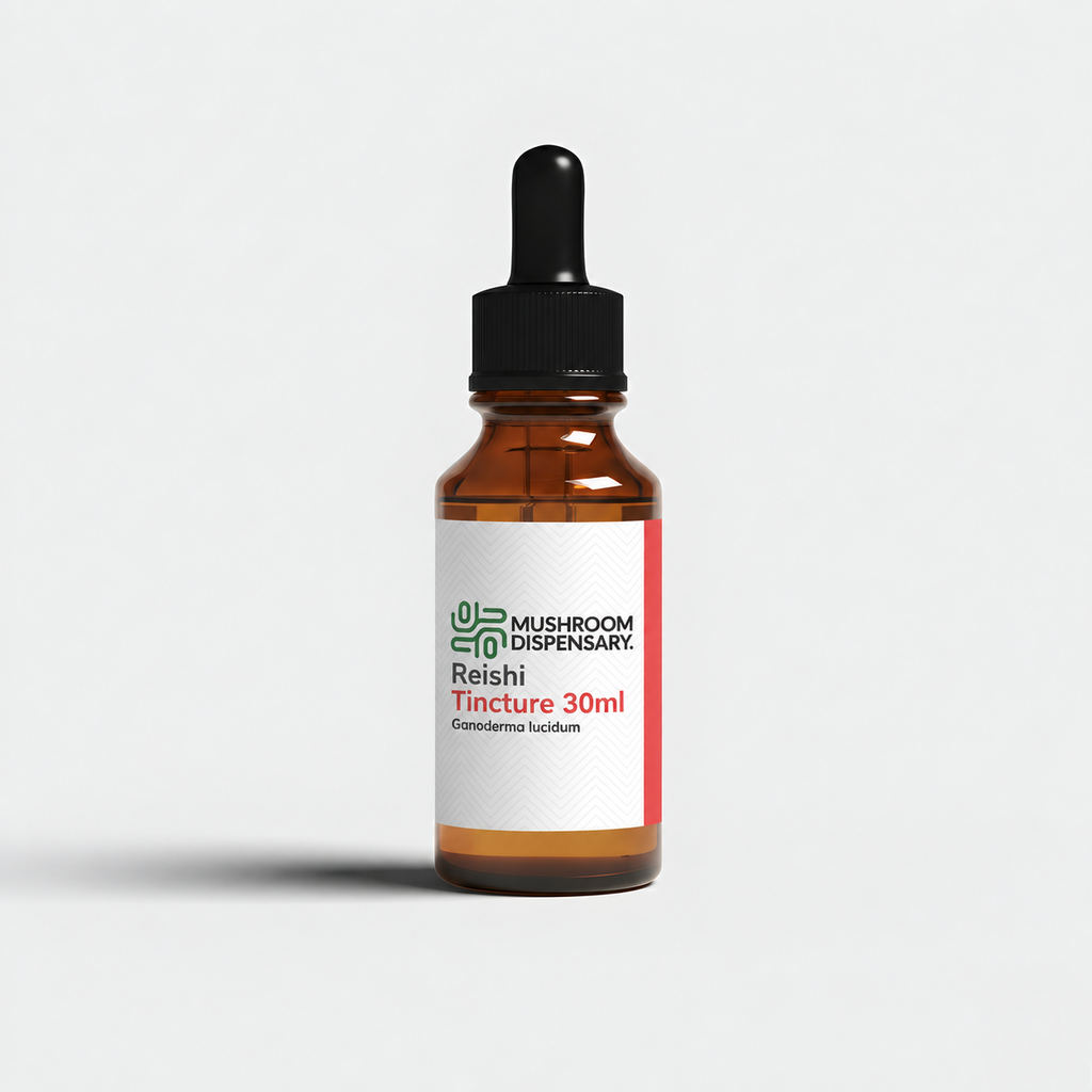 Reishi Tincture 30ml amber glass dropper bottle with a red Mushroom Dispensary label, front view