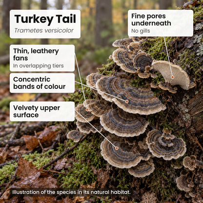 Turkey Tail mushroom (Trametes versicolor) in its natural habitat, with labels naming its parts