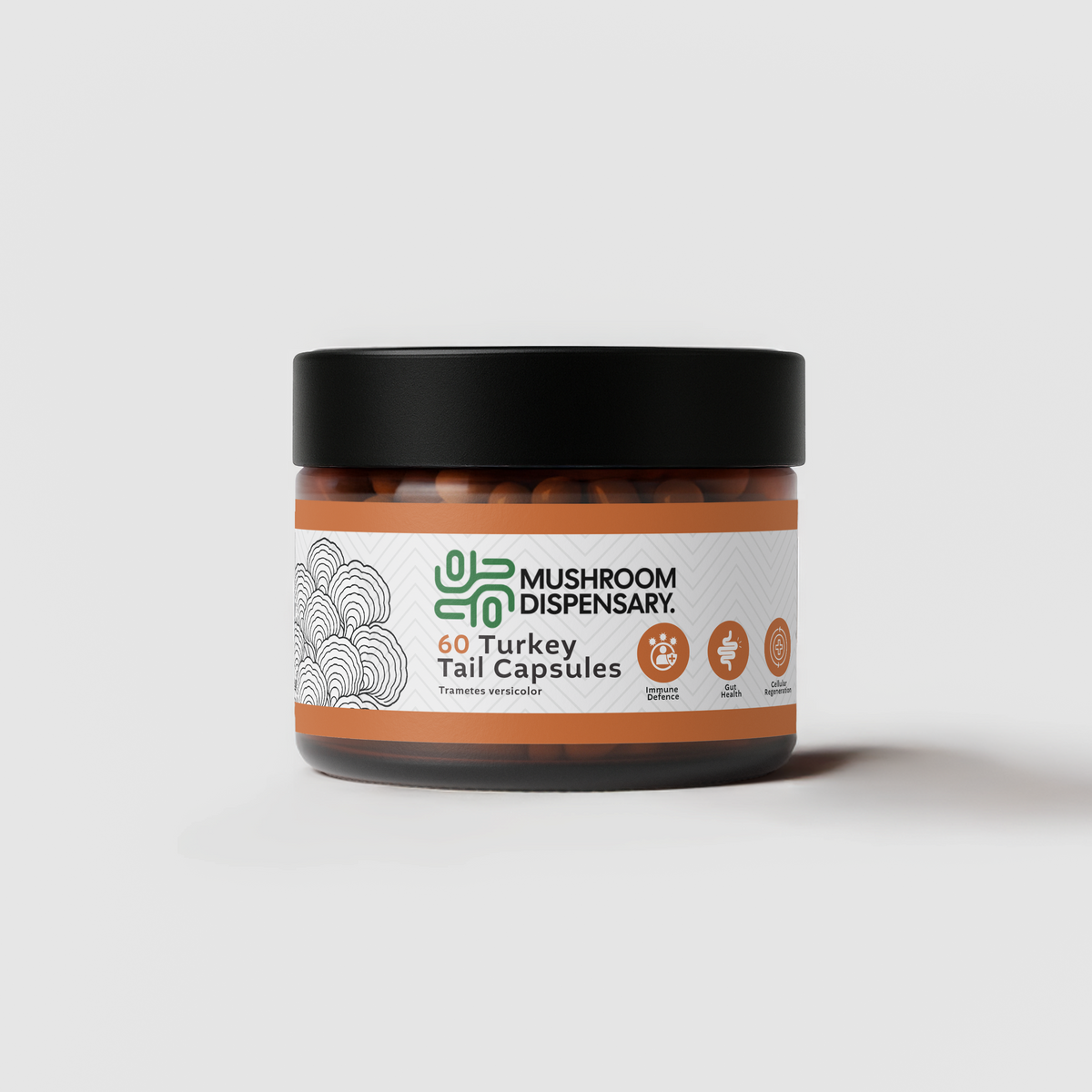 Turkey Tail Capsules jar, 60 capsules, front label