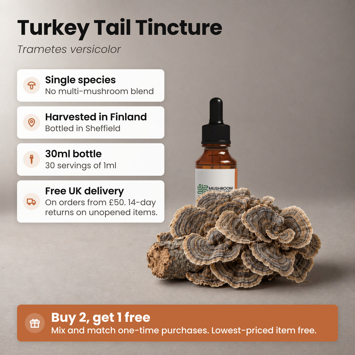 Turkey Tail Tincture bottle beside Turkey Tail brackets on a piece of branch, with key facts: single species, harvested in Finland, bottled in Sheffield, 30ml bottle, 30 servings of 1ml