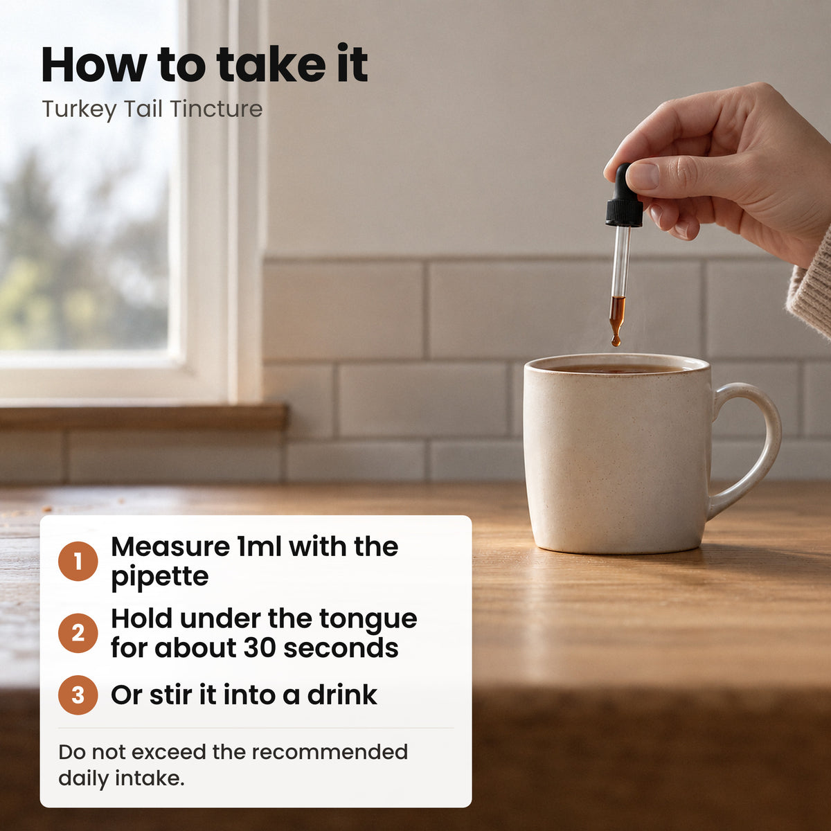 How to take Turkey Tail Tincture: measure 1ml with the pipette, under the tongue or in a drink