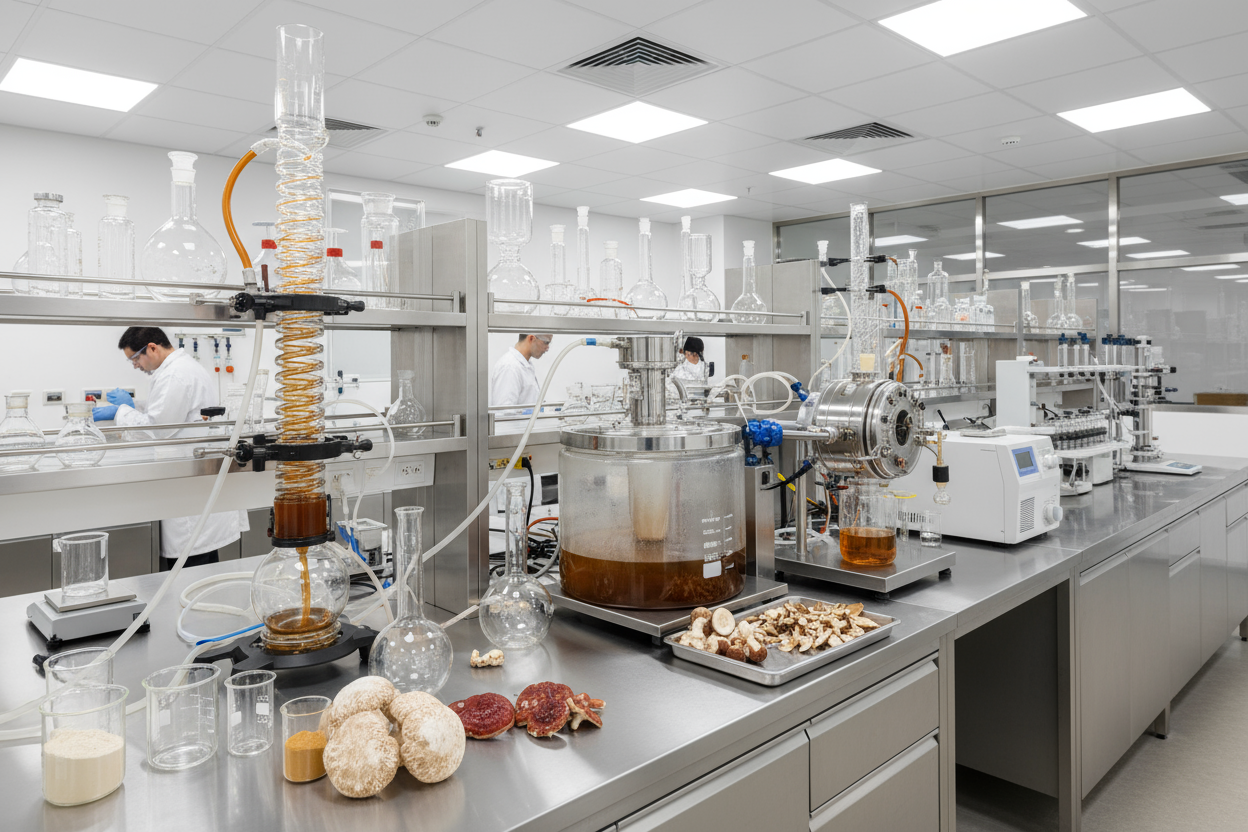 Mushroom fruiting body extraction super high grade photorealistic lab\